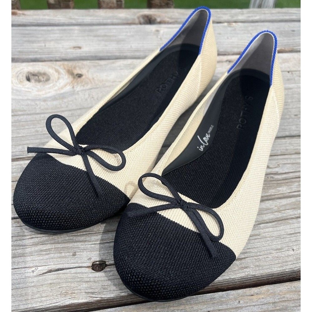 Rothy's The Ballet Flat Women's 10 Cream w/ Black Captoe Bow Accent